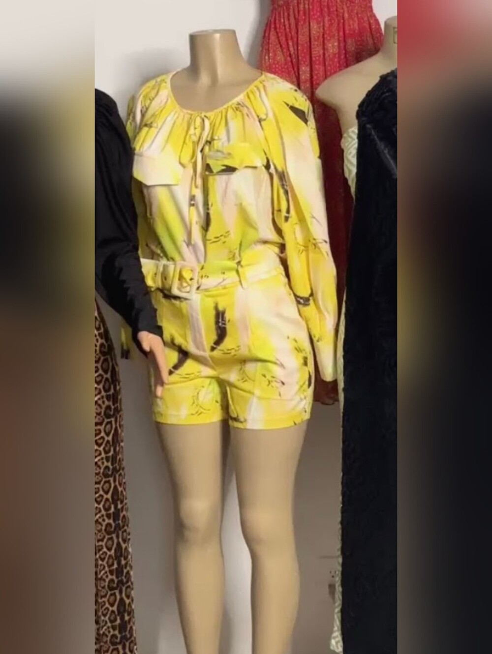 Yellow Print Long-Sleeve Belted Shorts And Blouse Set